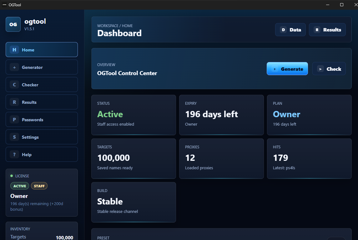 OGTOOL dashboard showing license status and run controls